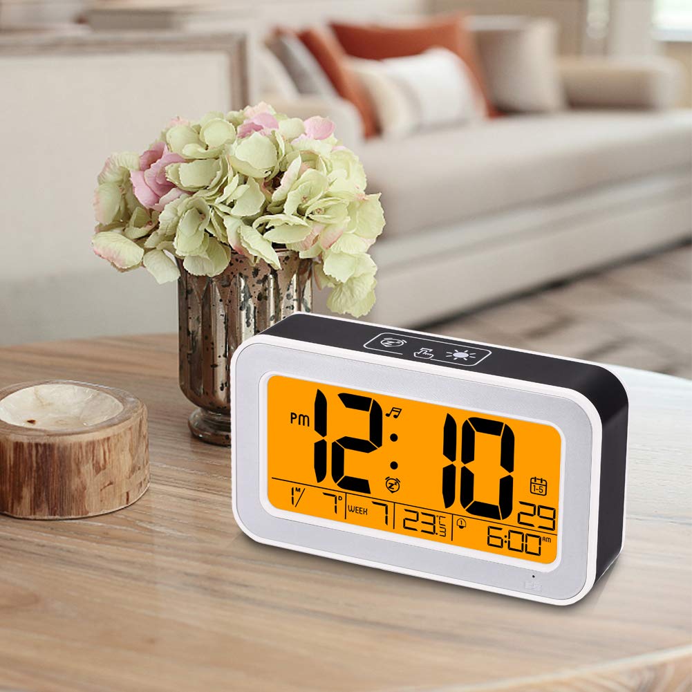 LCD Music Alarm Clock, Digital Clock for Bedroom with Dimmer, Snooze,Rechargeable Clock with Dual Alarm, Smart Touch Backlight,Adjustable Alarm Volume