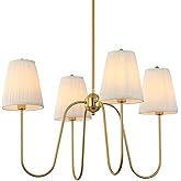 Electro bp; 27" Dia 4-Arm White Pleated Fabric Shades Chandeliers with Polished Gold Metal Curve French Country Brocade Cover