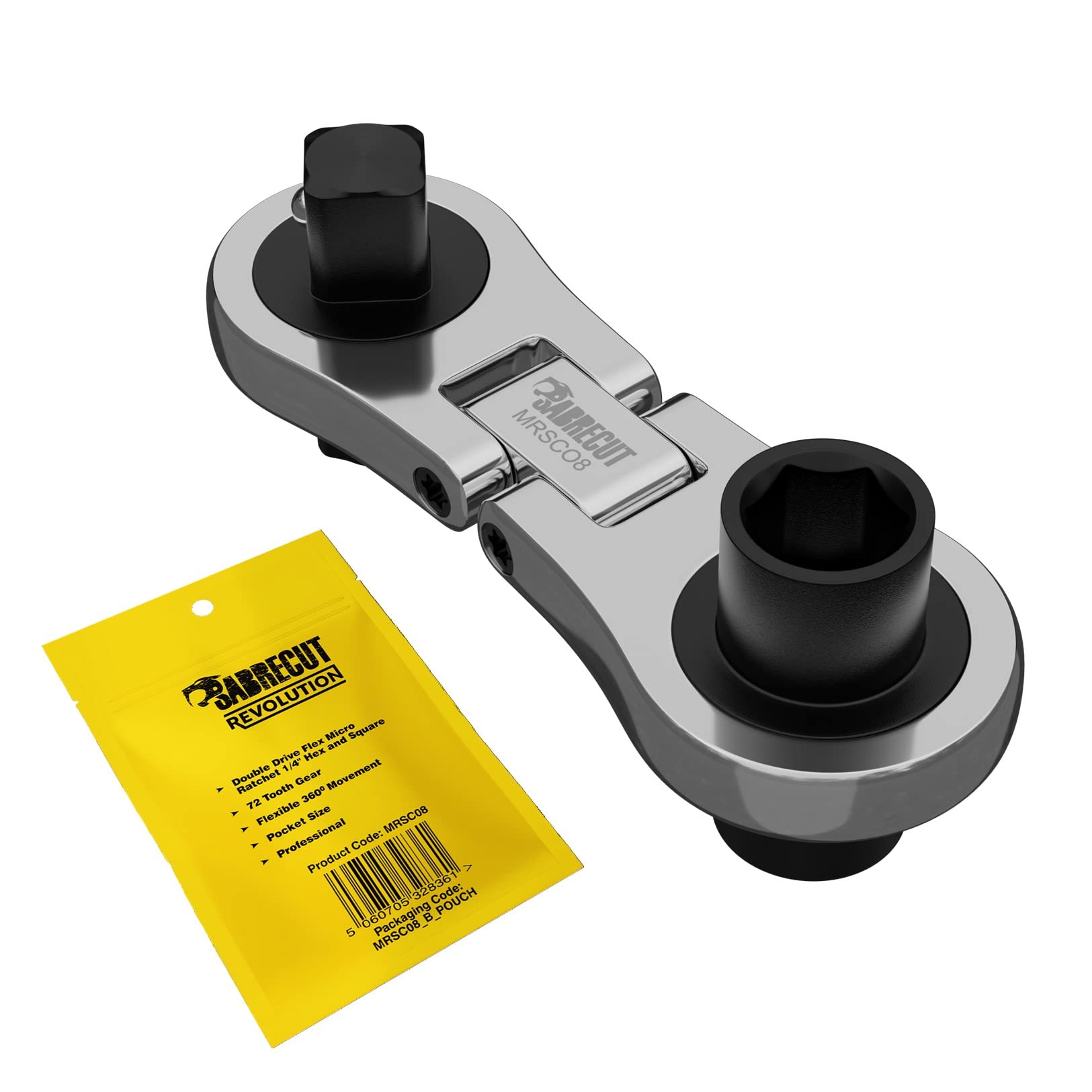 SabreCut 1 x MRSC08 Dual Drive Flex Smallest Mini Micro Ratchet 6.3mm HEX 1/4" Square Drive Stainless Steel Professional 72 Tooth Gear Tiny Hand Ratchet Wrench