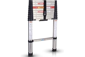 10.5 FT Telescoping Ladder, MEANFUN Stainless Steel One-Button Retraction Collapsible Ladder, Anti-Pinch Extension Compact Ladder with Locking Mechanism for Household or Outdoor Work, 330 LB Capacity