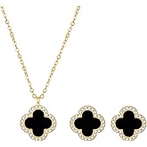 COBI Four Leaf Clover Necklace and Stud Earrings Jewelry Set White Black Green, 18k Gold Plated Clover Earrings Pendant Necklace, Clover Jewelry Set Gifts for Women