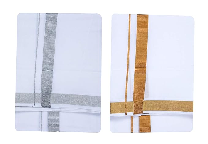 Men's Cotton Double Dhoti With PRINCE SILVER Border & PRINCE GOLD Border (White)_Premium Wedding_Minimini SILVER & GOLD, Pack of 2 DHOTIS FOR MENS