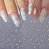 2 Pcs Gold Sliver Star Nail Stickers for Nail Art, 5D Embossing Self-Adhesive Diamond Star Moon Nail Decals, French White Nail Supplies Nail Art Design Accessories for Women and Girls Manicure DIY