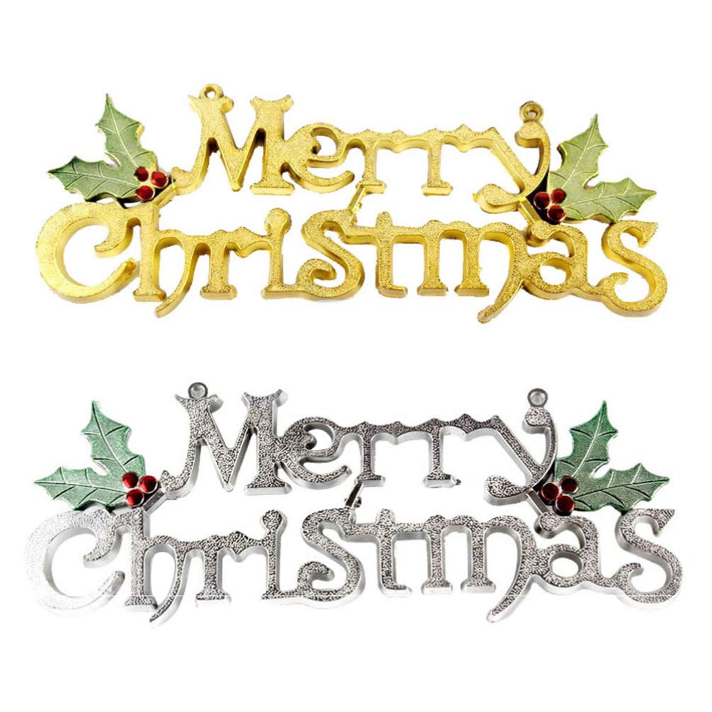 Amosfun 2pcs Merry Christmas Door Signs Christmas Tree Decorations Ornaments Door Hangers Holiday Wall Signs Party Decorations Supplies Silver Golden 25cm