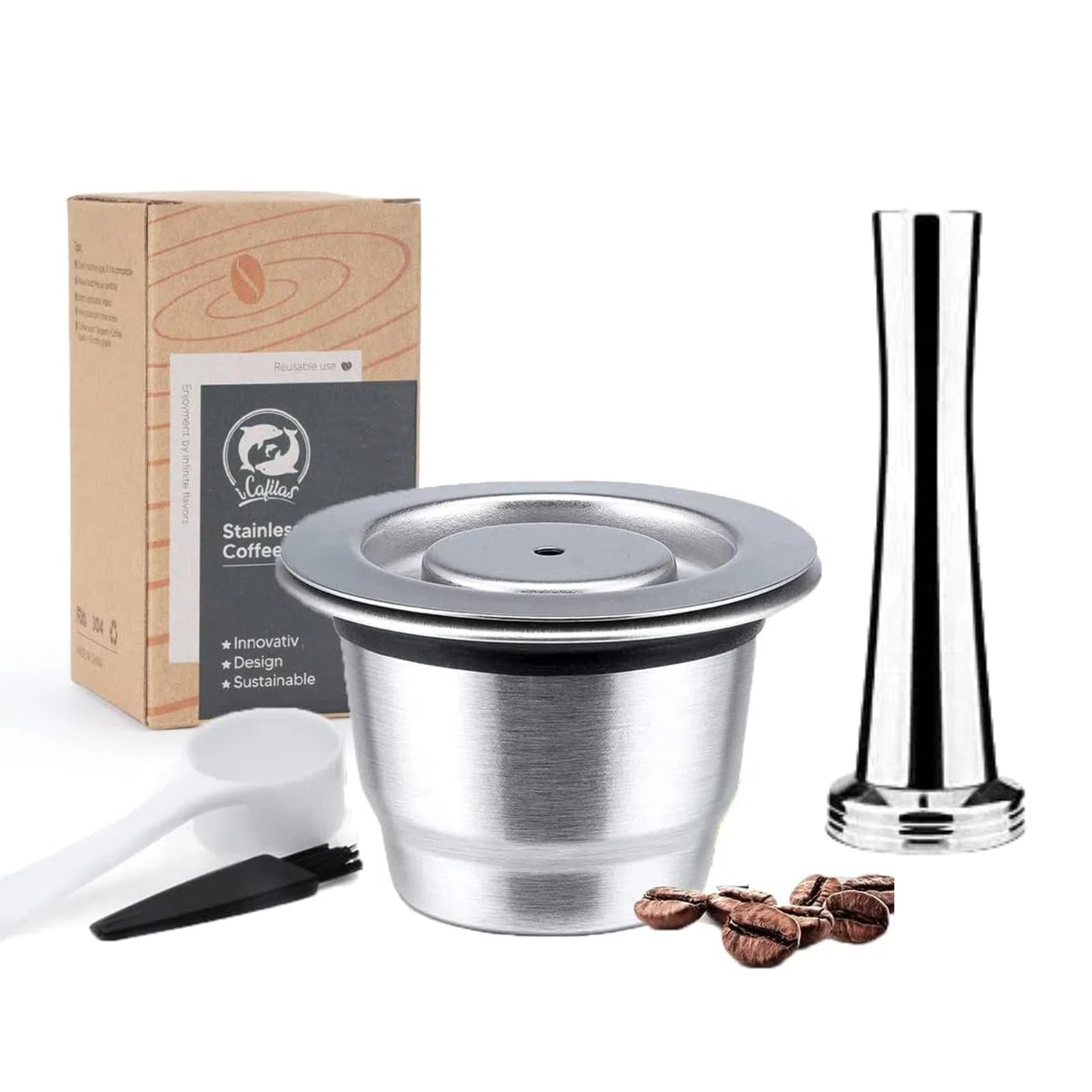 i Cafilas Reusable Nepresso Capsules,Stainless Steel Refillable Coffee Pods Compatible for Nepresso Machine【OriginalLine】 Durable Metal Reusable Coffee Pods (1 Pod,1 Tamper,1 Coffee fillter)