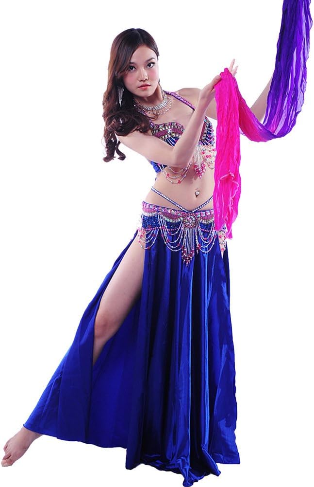 DanceQueen Women's Satin Bead Belly Dance Costume 3 Set