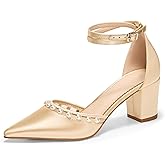 Coutgo Womens Pearl Chunky Heels Wedding Shoes for Bride Closed Pointed Toe Ankle Strap Satin Pumps