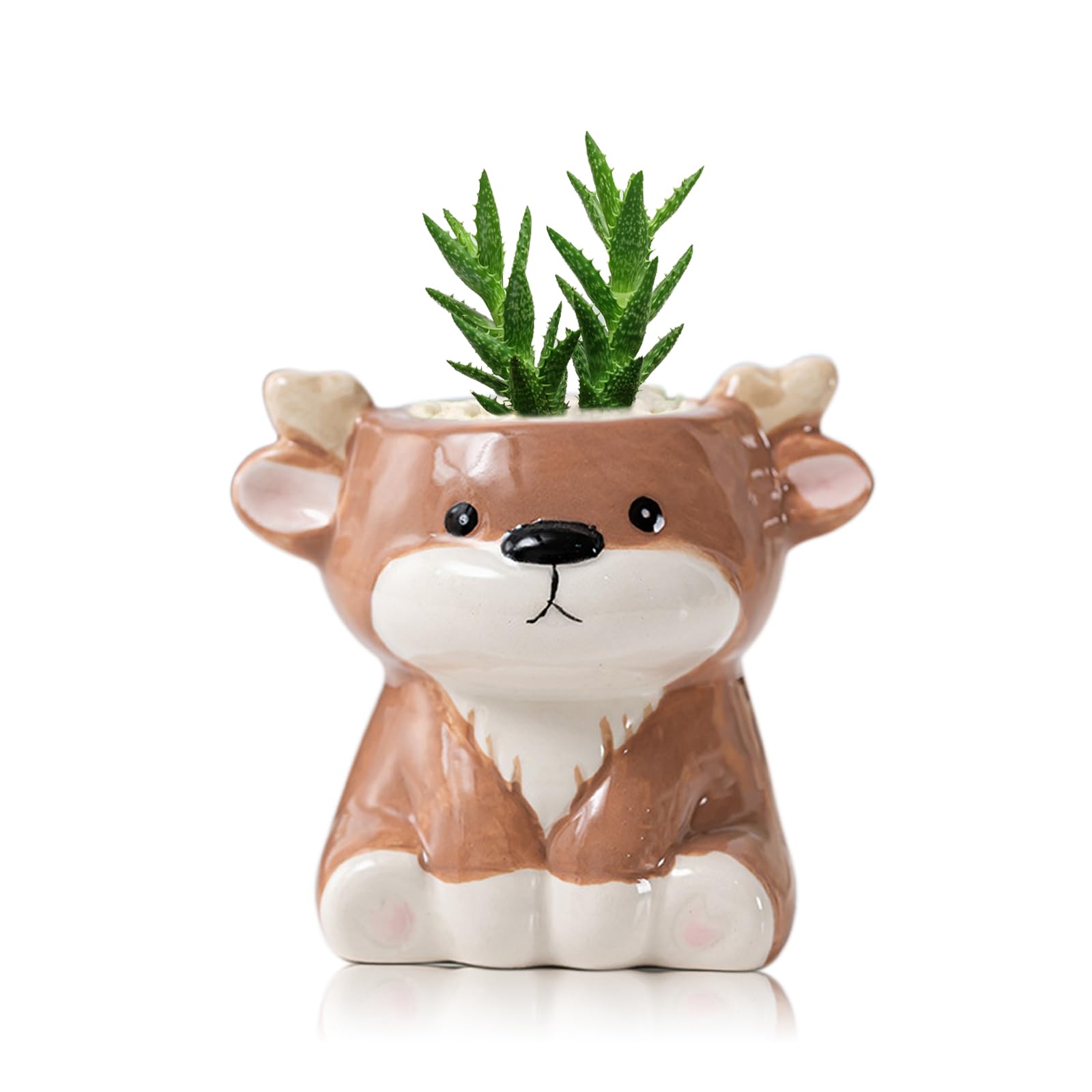 Photo 1 of DIYOMR Cute Animals Planter, Mini Ceramic Cartoon Animal Shaped Succulent Flower Pot Indoor Air Plants Holder, Smooth Shiny Decorative Flower Cactus Planter - Plants Not Included (Deer)