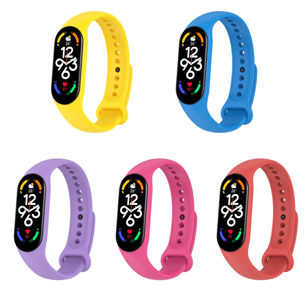 KUTEWEU Strap Compatible with Xiaomi Band 7 Smart Watch, 5 Pieces Soft Breathable Silicone Sport Replacement Strap for Xiao mi Band7, Adjustable Wristband for Women Men (5 Pieces-e)