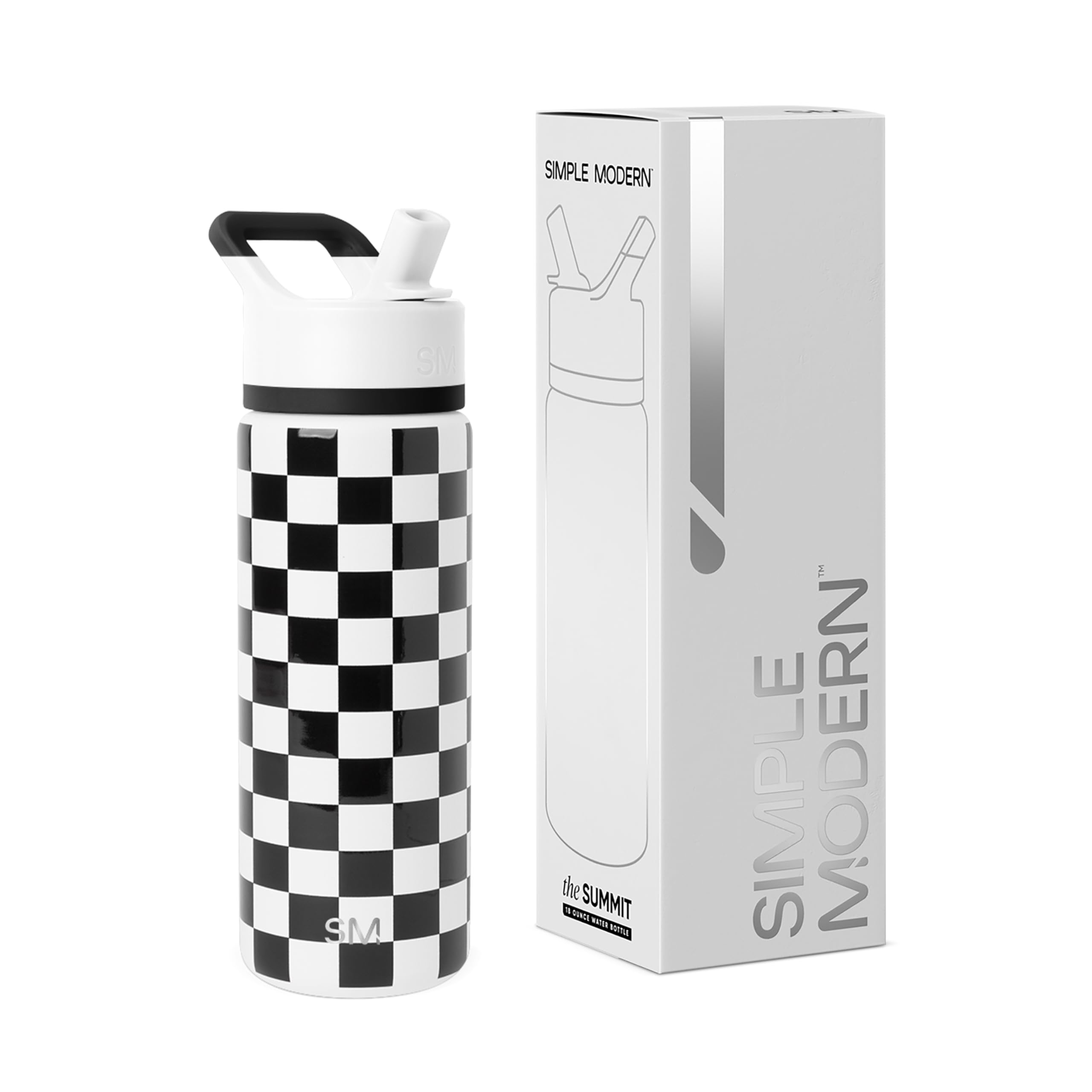 Photo 1 of Simple Modern Kids Water Bottle with Straw Lid | Vacuum Insulated Stainless Steel Metal | Reusable Leak Proof BPA-Free Thermos for School | Summit Collection | 18oz, Black and White Checkmate