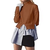 Navonta Womens Turtleneck Peplum Patchwork Sweater 2 in 1 Slit Asymmetrical Hem Pullover Sweater Striped Contrast Shirts Top