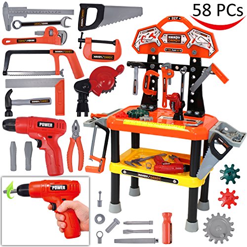 Joyin Toy 58 Pieces Workbench with Realistic Tools and Electric Drill for Construction Workshop Tool Bench, STEM Educational Play, Pretend Play, Christmas Gifts and Toolbench Building Set.