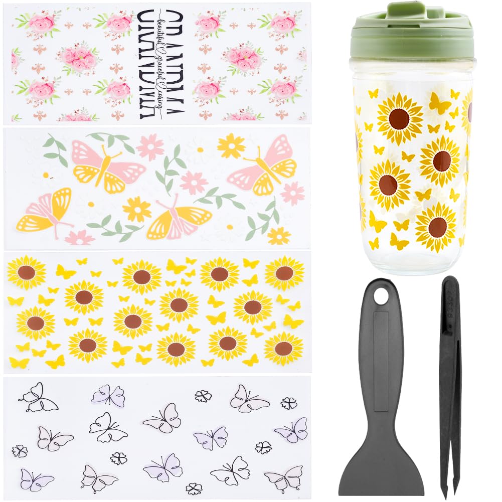 CREATCABIN 4Pcs 4Styles UV DTF Cup Wrap Transfer Stickers for Glass Cup Rub on Transfers Decal Butterfly Sunflower Waterproof Stickers with Scrapers Tweezers for DIY Crafts 9x4.3Inch