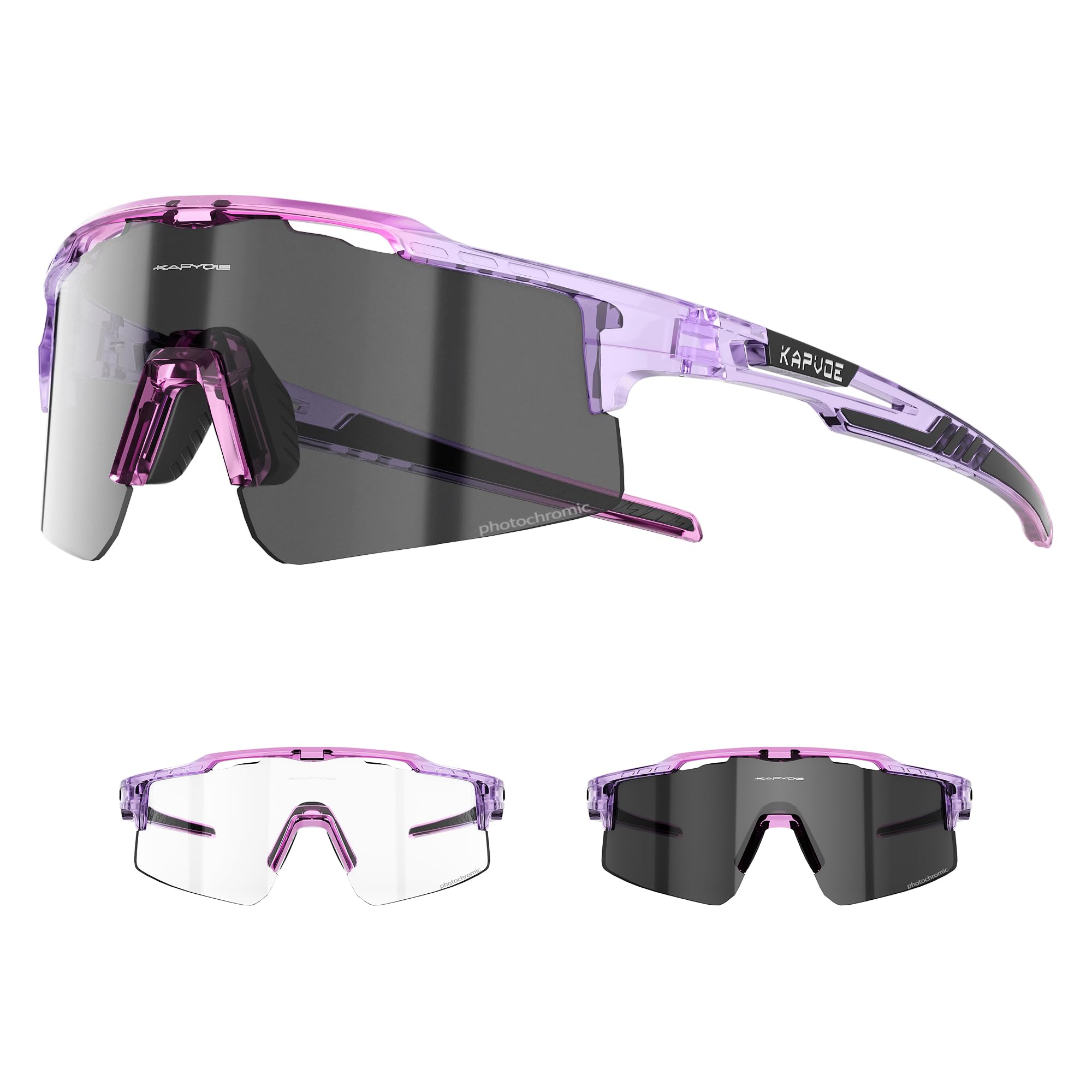 KAPVOE Photochromic Cycling Glasses UV400 Protection Mountain Bike Clear Sports Sunglasses For Men Women MTB Bicycle Riding Baseball Running Driving Fishing Golf Clear Purple 09