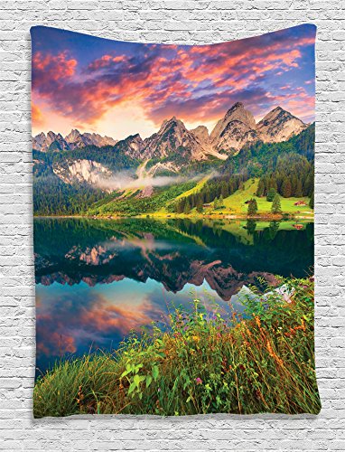 Ambesonne Cottage Decor Collection, Colorful Summer Sunrise on the Vorderer Gosausee Lake in the Austrian Alp Mountains Picture, Bedroom Living Room Dorm Wall Hanging Tapestry, Ivory Green Orange