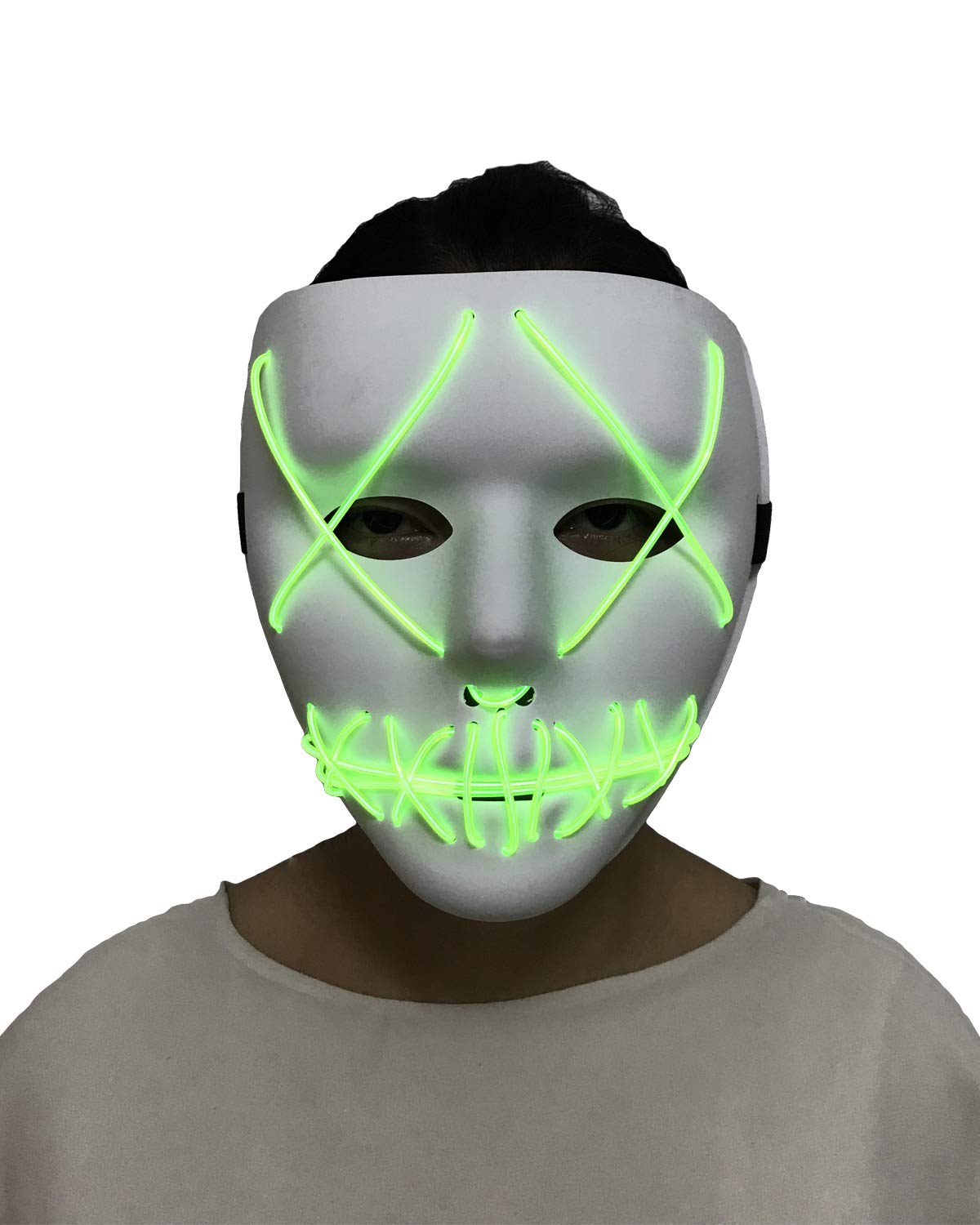 Scary Halloween Mask Cosplay LED Glow Scary EL Wire Light up Grin Masks for Festival Parties Costume (Green)