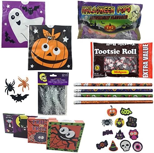Halloween Party Favor Kit for Kids - Treat Bags, Candy Sucker, Tootsie Rolls, Pencils, Erasers, Spider Bat Rings, Stickers, Centipede Toy Bundle For 12 Kids (117 Piece)