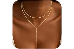 Eaciy Lariat Gold Necklace for Women, Dainty Long Necklace 14k Gold Plated Y-Shaped Necklace Trendy Layered Bar Paperclip Link Beaded Chain Necklaces Simple Gold Jewelry for Women Gift