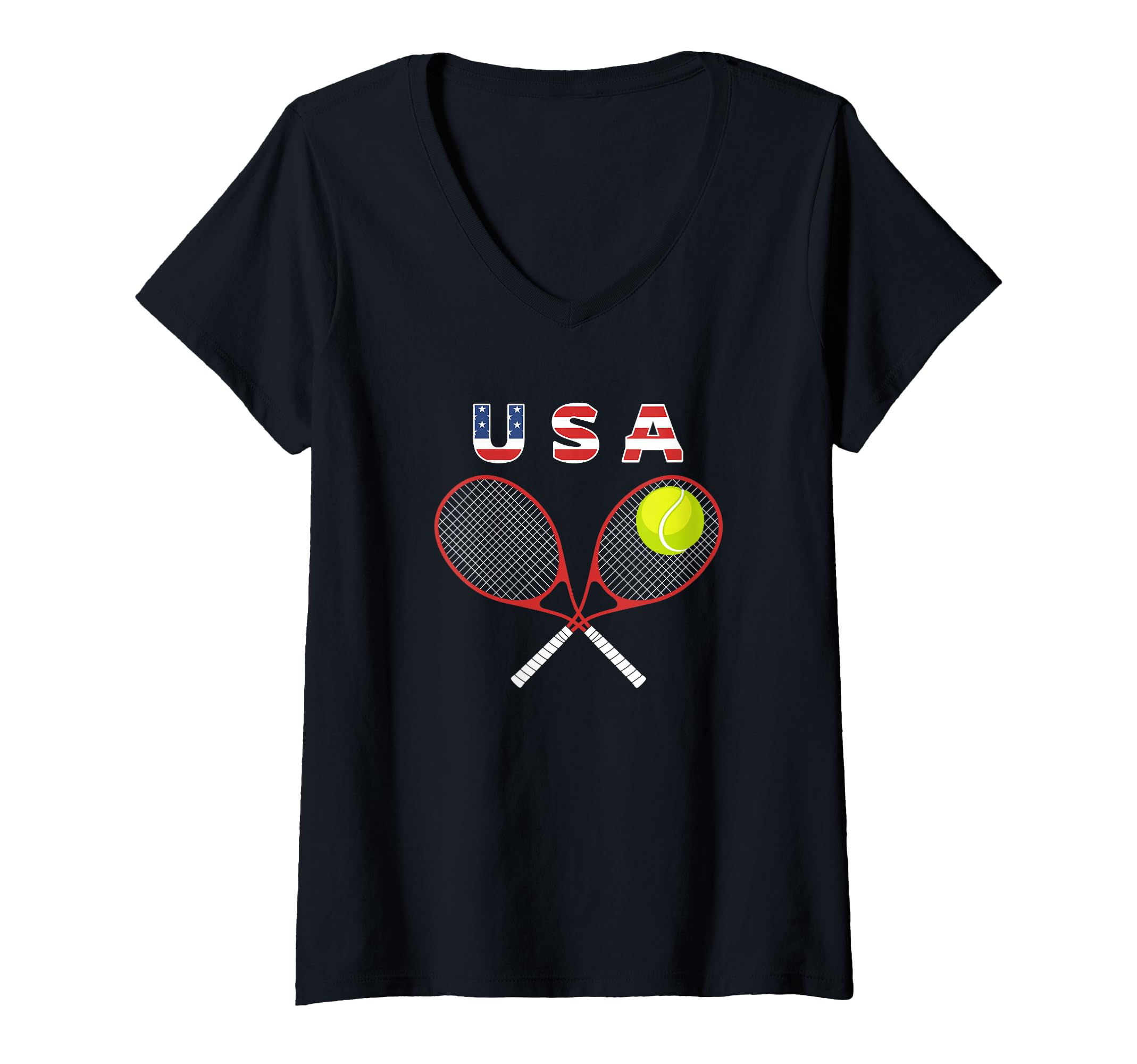 Womens Tennis American Flag / USA Fans Support Racket Ball V-Neck T-Shirt