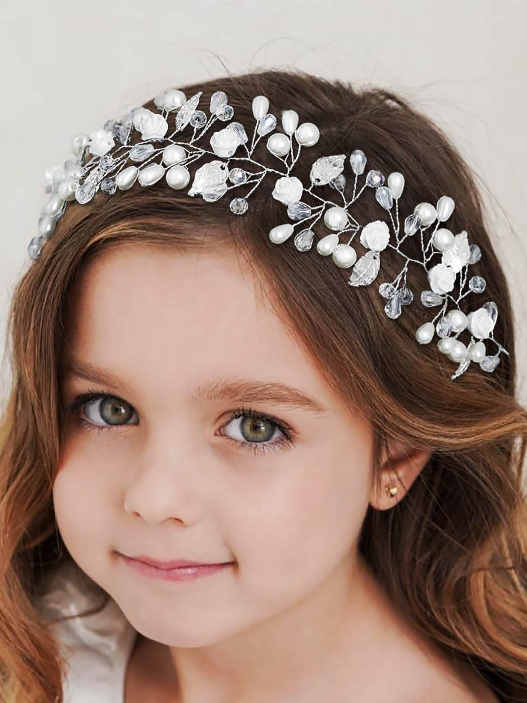 IYOU Flower Girl Headband Silver Floral Pearl Headpiece Crystal Bridal Hair Vines Princess Communion Wedding Hair Accessories for Kids