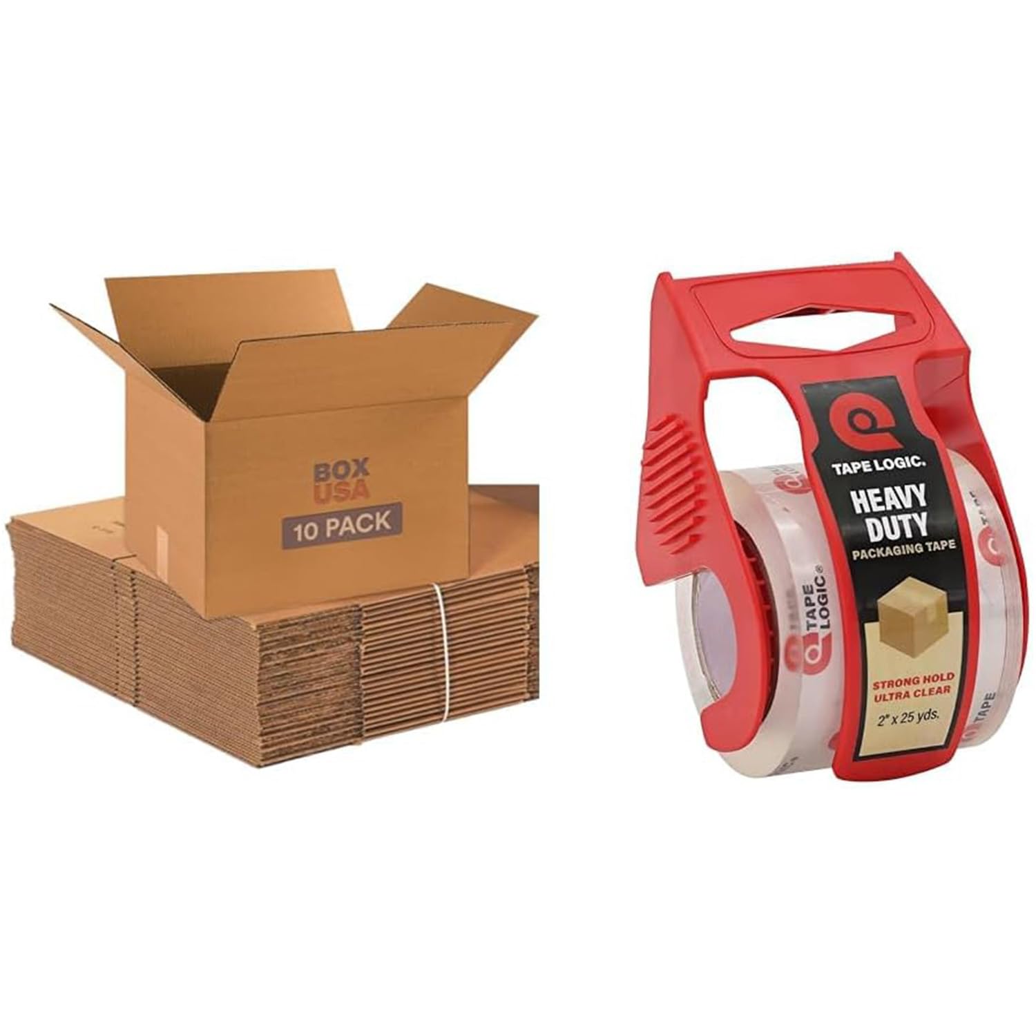 BOX USA Moving Boxes Medium 18"L x 14"W x 12"H 10-Pack & Heavy Duty 2in x 25yd Clear Packaging Tape with Dispenser - for Shipping, Mailing, Packing, Packaging and Storage Image