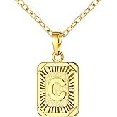 U7 Square Initial Necklace for Women, Gold/Platinum Plated A-Z 26 Letters Pendant Necklace, Large Capital Monogram Retangle Tag Necklace, Resizable Chain 20"-22"