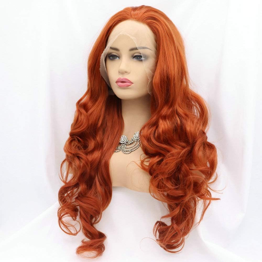 SereneWig 24Inches 360# Brick-red Wig Synthetic Lace Front Wigs for Women Bouncy Curl Heat Resistant Copper Red Color Replacement Wig Natural Hairline Free Part