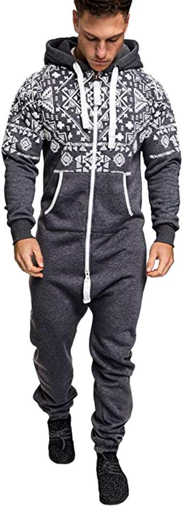 Bookear Men Hooded Onesie Jumpsuit Printed Christmas Romper Overall Zip up Playsuit