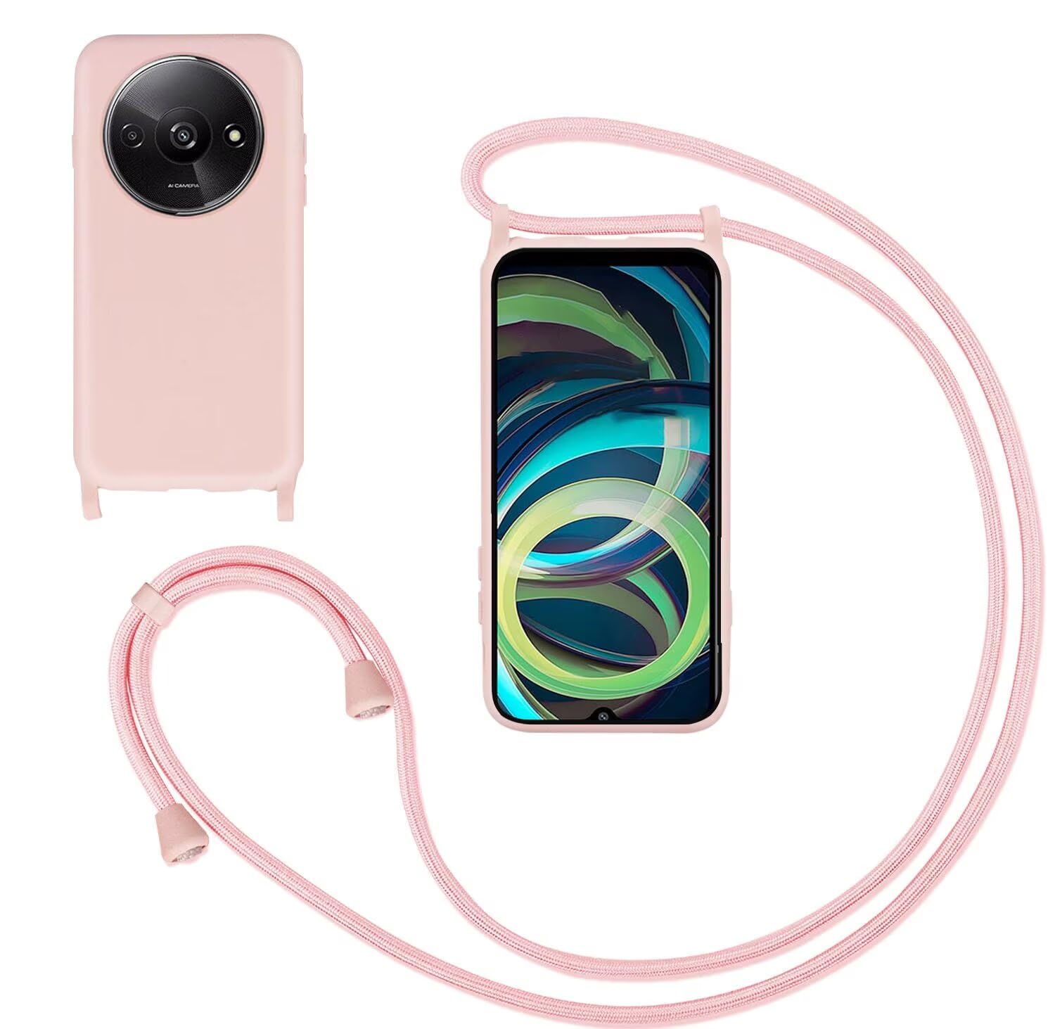 GoodcAcy Mobile Phone Chain with Strap for Xiaomi Redmi A3, Protective Case with Chain for Hanging, Liquid Silicone Case, Pink