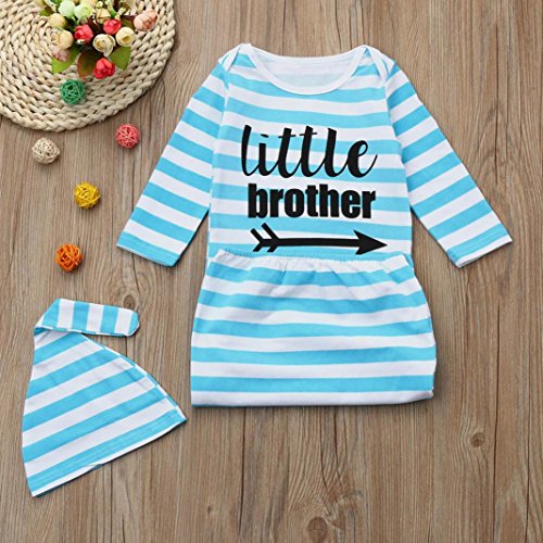 2Pcs Newborn Pajamas Gown Outfits Set Letter Stripe Long Sleeve Gown+Headband/Hat Sleeping Swaddle Wrap By Makaor (Size:Bust:50cm/19.7" Length:65cm/25.6", Blue) - Thumbnail 3