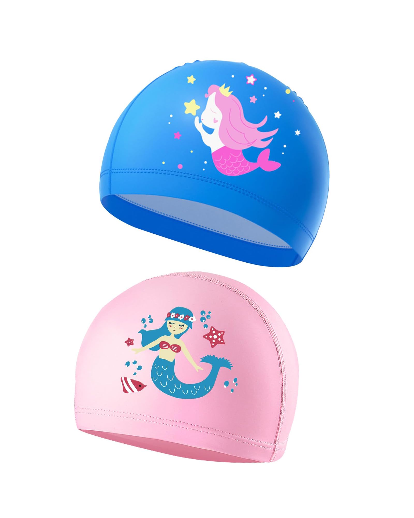 PAEHUIMT Kids Swimming Cap, Girls Swim Cap, 2 Pieces, for Girls 4-9 Years, Mermaid Swim Hat (Pink&Blue)