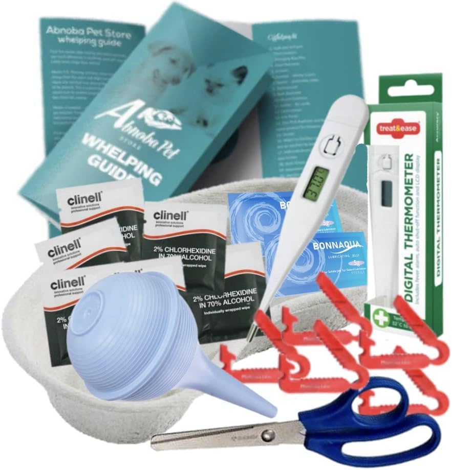 Alpha Dog 900 Puppy & Kitten Whelping Kit – Complete Birthing & Queening Set Sterile Bulb Aspirator, Scissors, Thermometer, Mini Reusable Cord Clips, Alcohol Wipes & Whelping Guide – Newborn Welping