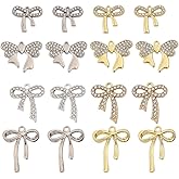 SUNNYCLUE 1 Box 32Pcs 8 Styles Gold Rhinestone Bow Charms Silver Bow Charms Bulk Alloy Metal Crystal Ribbon Coquette Tie Dangle Pendants for Jewelry Making Supplies Necklaces Earrings DIY Crafts