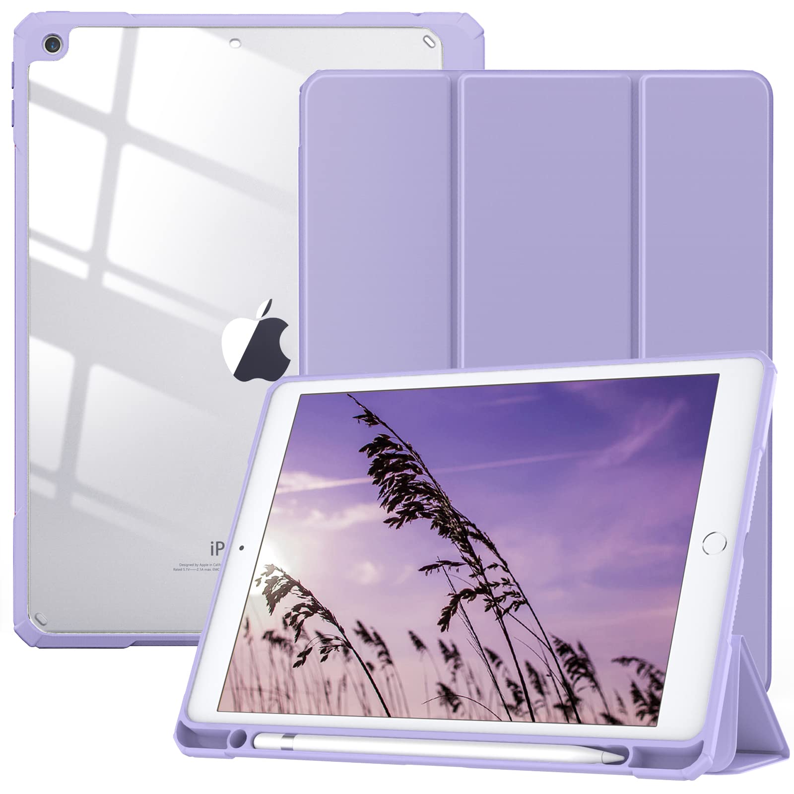 TiMOVO Case for iPad 9th Generation 2021/iPad 8th Generation 2020/iPad 7th Generation 2019 10.2 inch with Pencil Holder, Slim Protective Cover with Clear Back Shell, Auto Wake/Sleep, Taro Purple
