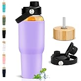 PROBTTL Glass Water Bottles 32 oz, 1 Liter Glass Tumbler, Borosilicate Water Bottle with Straw, Silicone Sleeve, 2 Lids - Handle Spout & Bamboo Straw Lid, Fits Car Cup Holder (Violet)