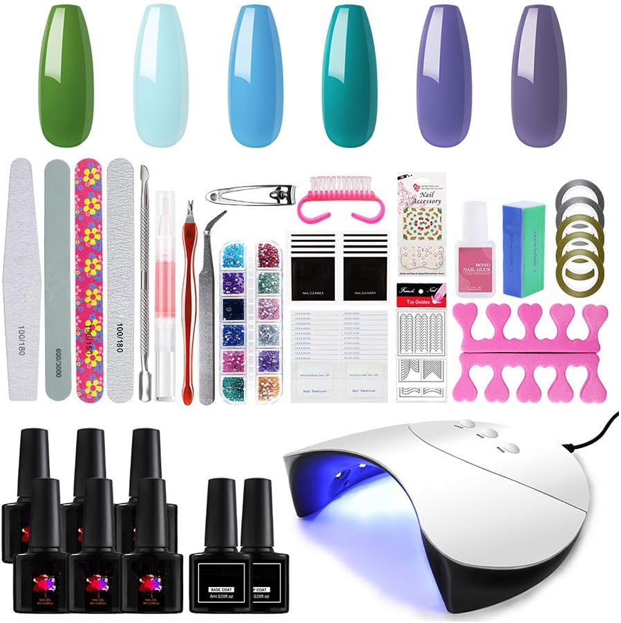 Gel Nail Polish Kit with 36W U V Nail Lamp 6 Colors Soak off U V Gel Nail Polish Set Green Blue Purple Color Gel Polish for Manicure Set with Top Base Coat Nail Decoration Kit