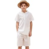 Arshiner Boy's 2 Pieces Cotton Linen Set Casual Henley Shirts Short Sleeve Beach Shorts Summer Outfits for 5-12 Years