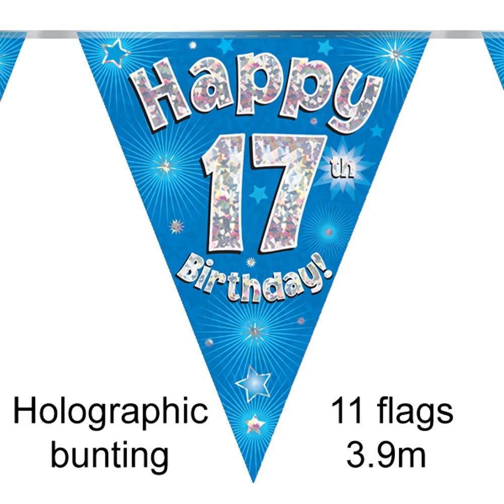 Party Bunting Happy 17th Birthday Blue Holographic 11 flags 3.9m