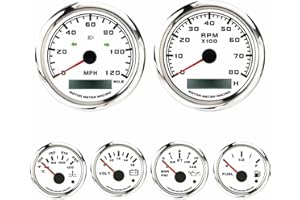 MOTOR METER RACING W PRO Series 6 Gauge Set - 85mm 3-3/8" GPS Speedometer with Turn Signal High Beam & Tachometer 52mm 2-1/16" Volt, Fuel Level, Water Temperature & Oil Pressure White Dial Red LED