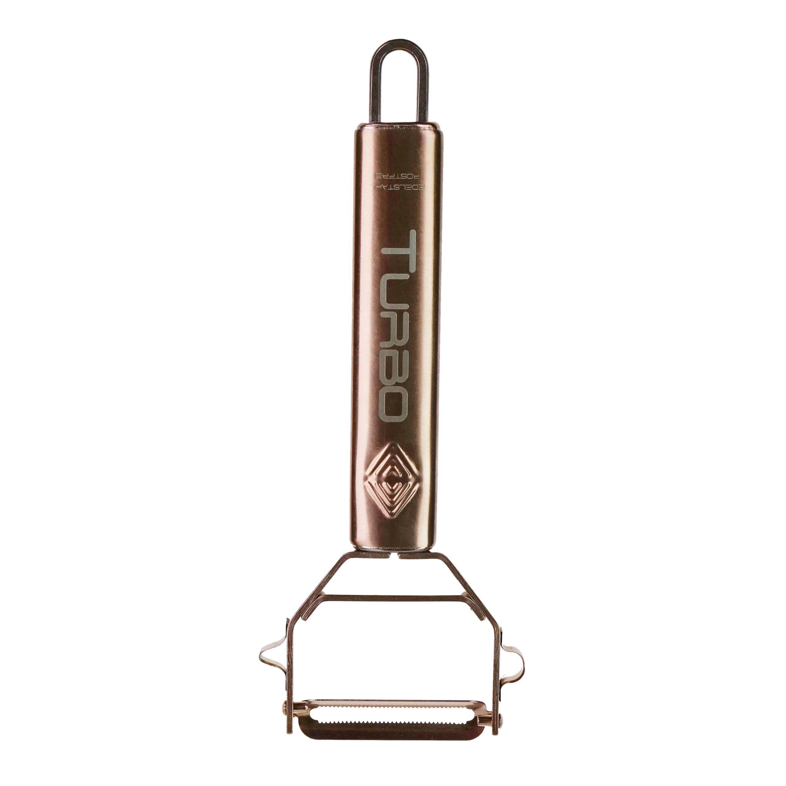 TURBO PRODUKTE Turbo Peeler Stainless Steel Rose Gold for Fruit and Vegetables - Forward and Reverse with Pendulum Blade for Left and Right Handed Users, TSRG001-1