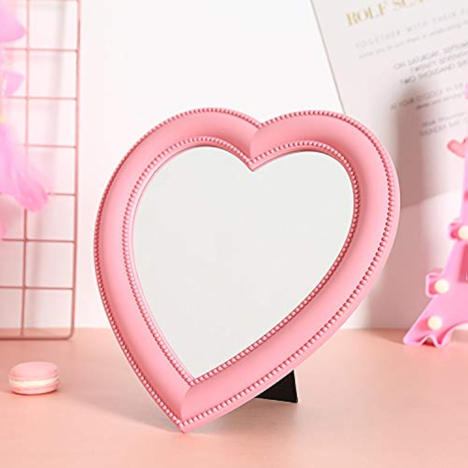 Hosoncovy Heart Shaped Foldable Desktop Makeup Mirror with Stand,Decorative Wall Hanging Handheld Cosmetic Vanity Gift Mirror (Pink)