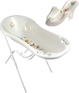 Disney Winnie Pooh perl weiß Baby Badewanne XXL 100 cm mit Stöpsel + Badesitz + Badewannenständer Babywanne