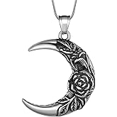 Hipunk Stainless Steel Crescent Moon Rose Pendant Necklace - Intricate Floral Design Jewelry for Men and Women SP0210G