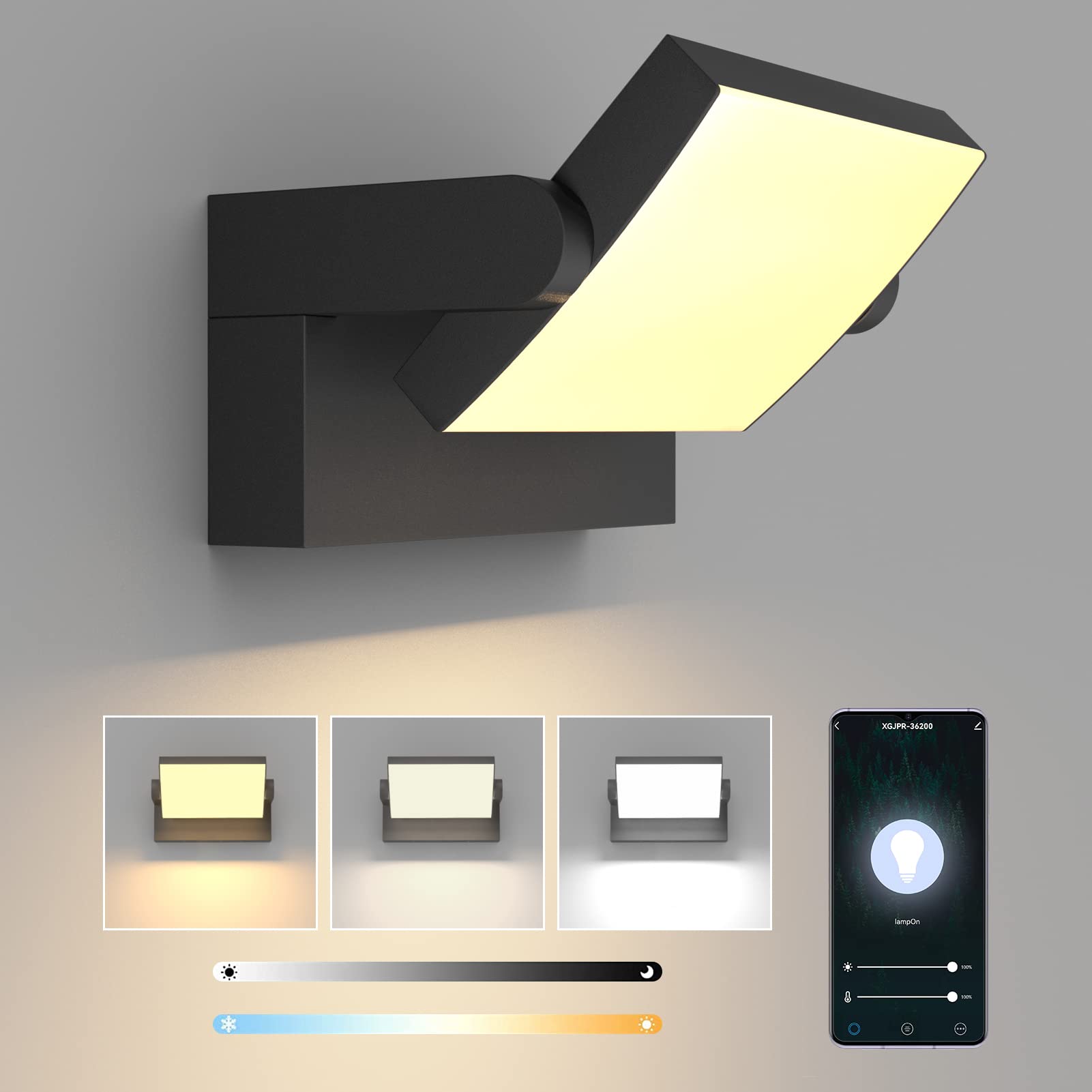 Klighten 24W Dimmable Wall Light LED Outdoor Indoor, APP Control Waterproof IP65 Adjustable Wall Lamp Aluminum, Modern Outside Light Mains Powered for Entrance Garden Hallway, Black, 3000K-6000K