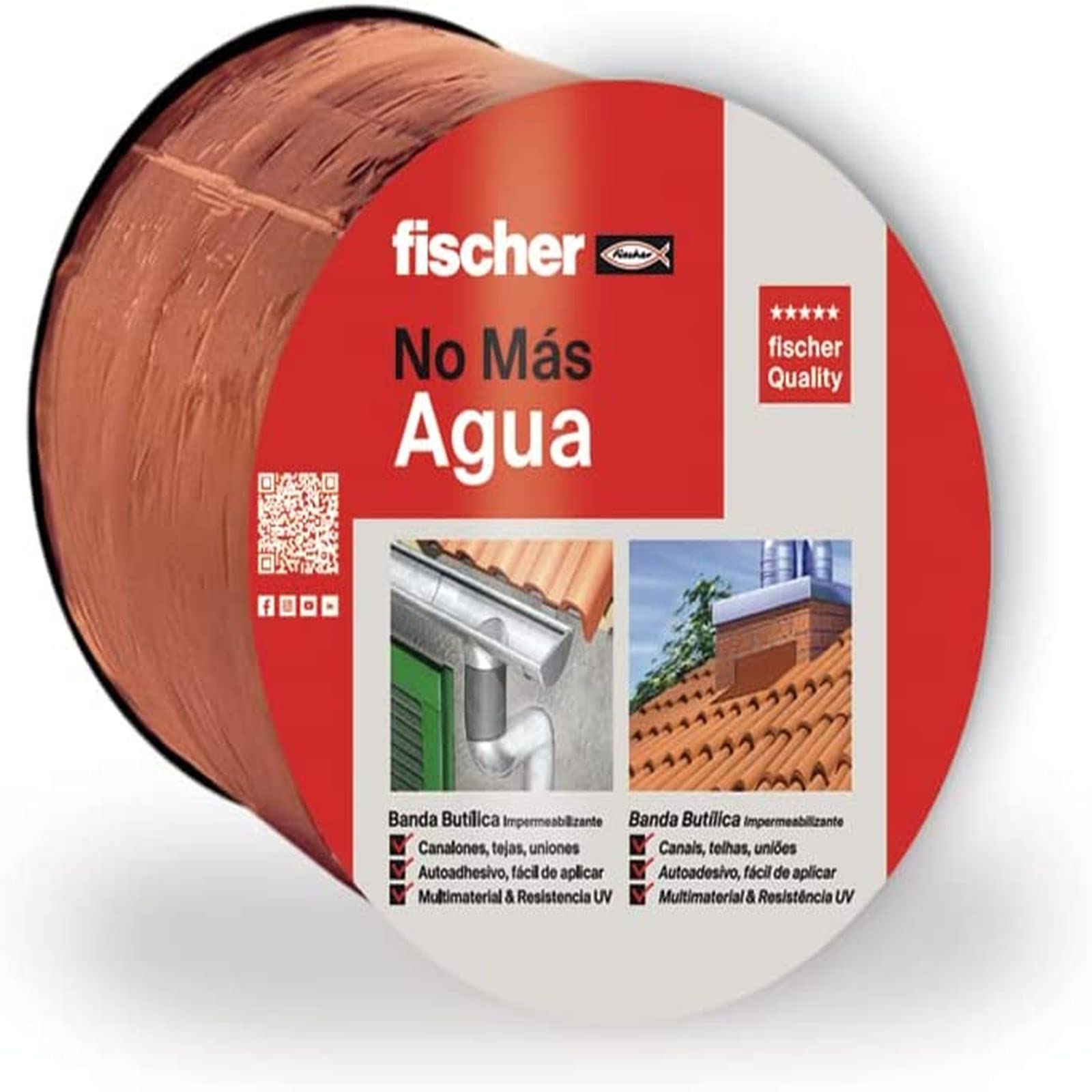 fischer 564129 Waterproof Butyl Rubber Tape 10x10cm for roof, Repair gutters, veneers, drains, Color Tile