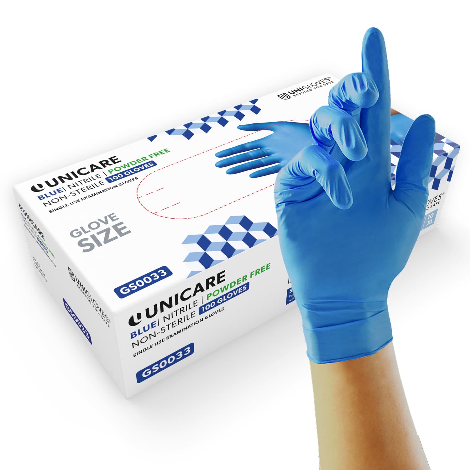 Unigloves Unicare Nitrile Examination Disposable Gloves - Multipurpose, Powder Free, Medical Gloves - Box of 100 Gloves, Blue, Extra Small (GS0031)