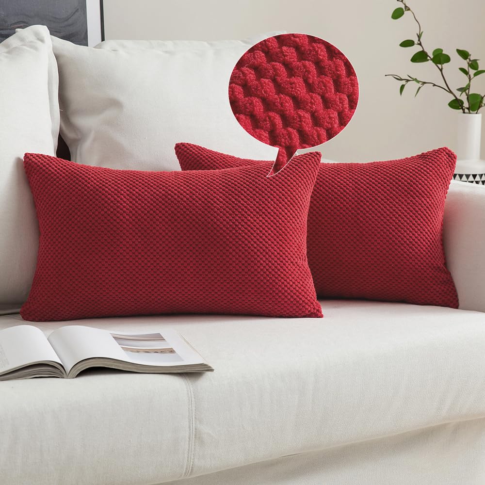 MIULEE Corduroy Cushion Cover Fabric Granule Throw Pillow Case Square Solid Home for Sofa Chair Couch Bedroom Decorative Pillowcases with Invisible Zipper 2 Pieces Red 30x50cm 12x20 Inch