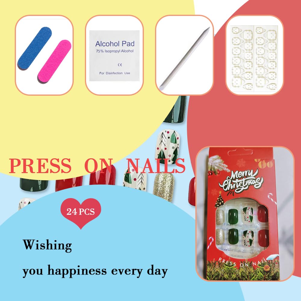 Christmas Press on Nails Short Square False Nails Red Green Fake Nails with Christmas Tree Design Glitter Artificial Nails Acrylic Glue on Nails Short Acrylic Nails Christmas Stick on Nails for Women - Image 4