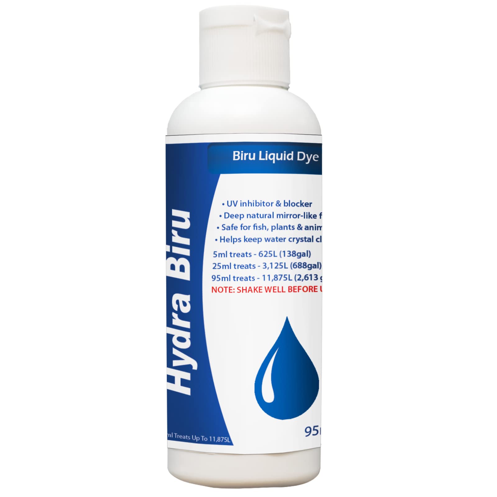 HYDRA LIQUID BLUE DYE 95ml Treats upto 11,875L Concentrated Liquid Dye Safe for Use in Ponds, Fountains & Water features