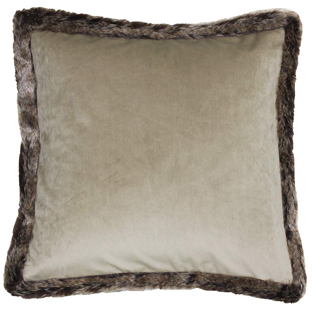 Riva Paoletti Kiruna Square Filled Cushion - Taupe Beige Velvet Look and Feel - Faux Fur Edging - Reversible - Hidden Zip Closure - 100% Polyester Case - 45 x 45cm (18" x 18" inches)